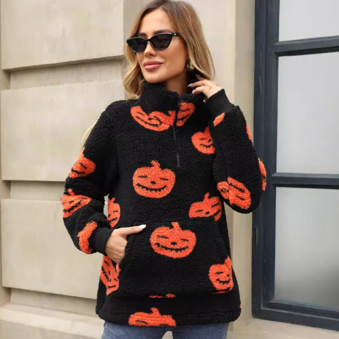 Halloween Pumpkin Printed Plush Pullover - TayDiane