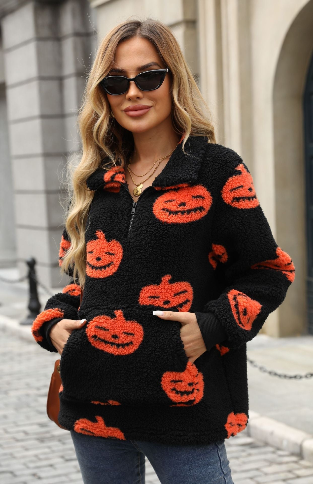 Halloween Pumpkin Printed Plush Pullover - TayDiane