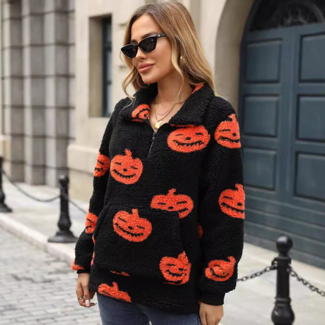 Halloween Pumpkin Printed Plush Pullover - TayDiane