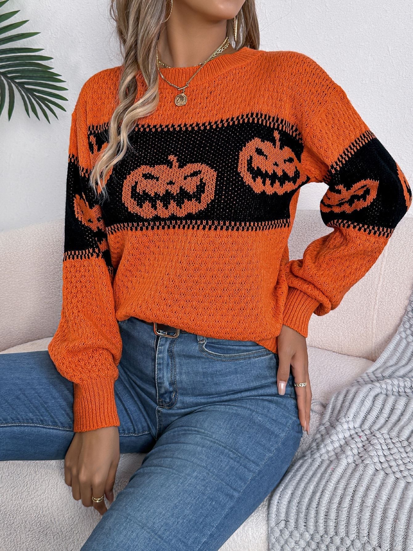 Halloween - Themed Pumpkin Head Knitted Long Sleeve Sweater. - TayDiane
