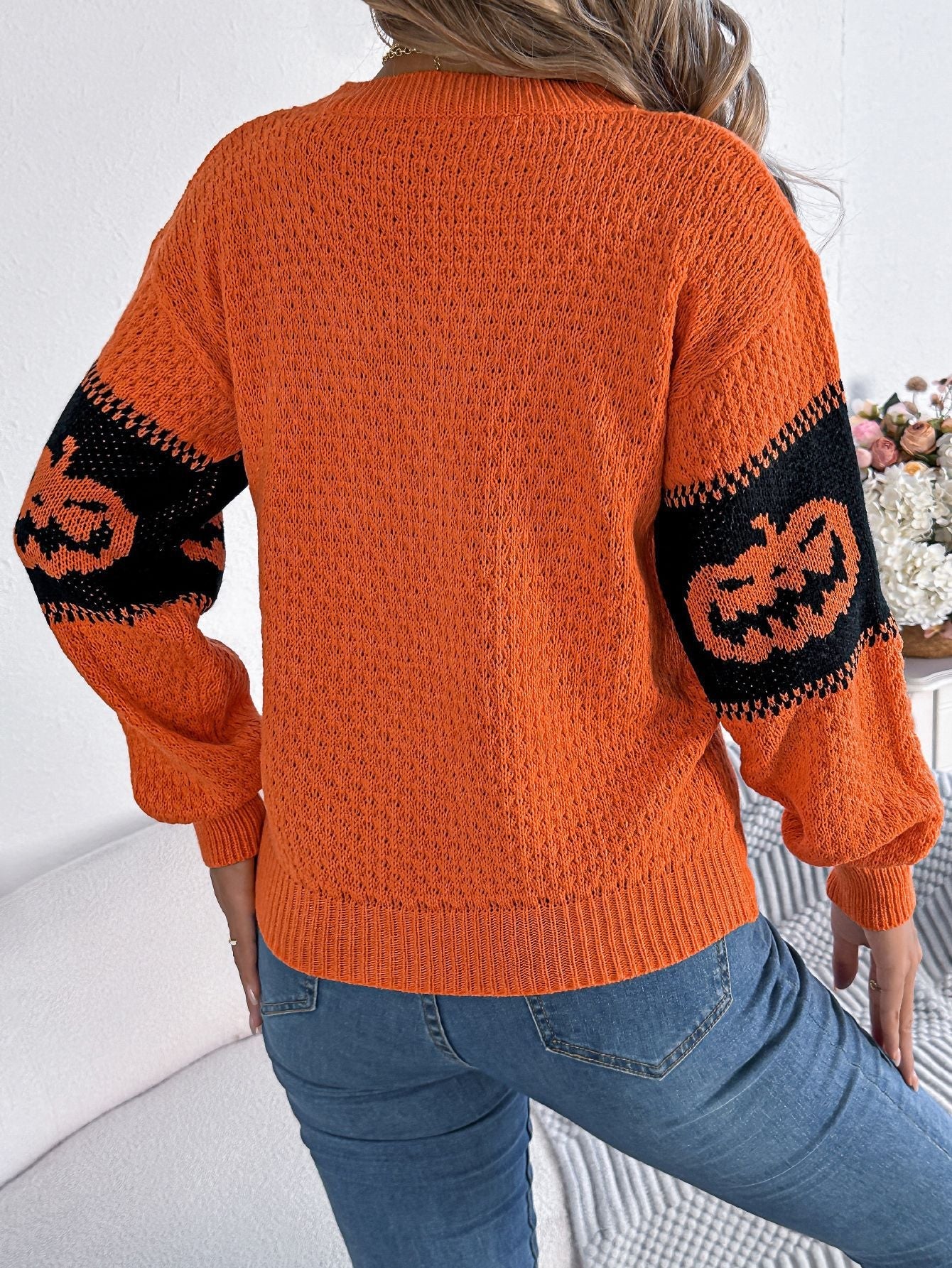 Halloween - Themed Pumpkin Head Knitted Long Sleeve Sweater. - TayDiane