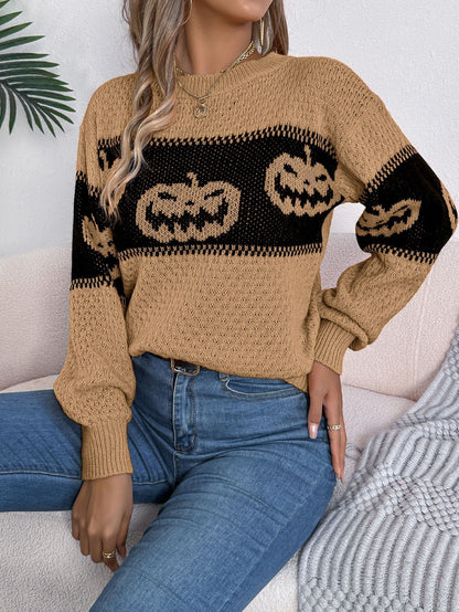 Halloween - Themed Pumpkin Head Knitted Long Sleeve Sweater. - TayDiane