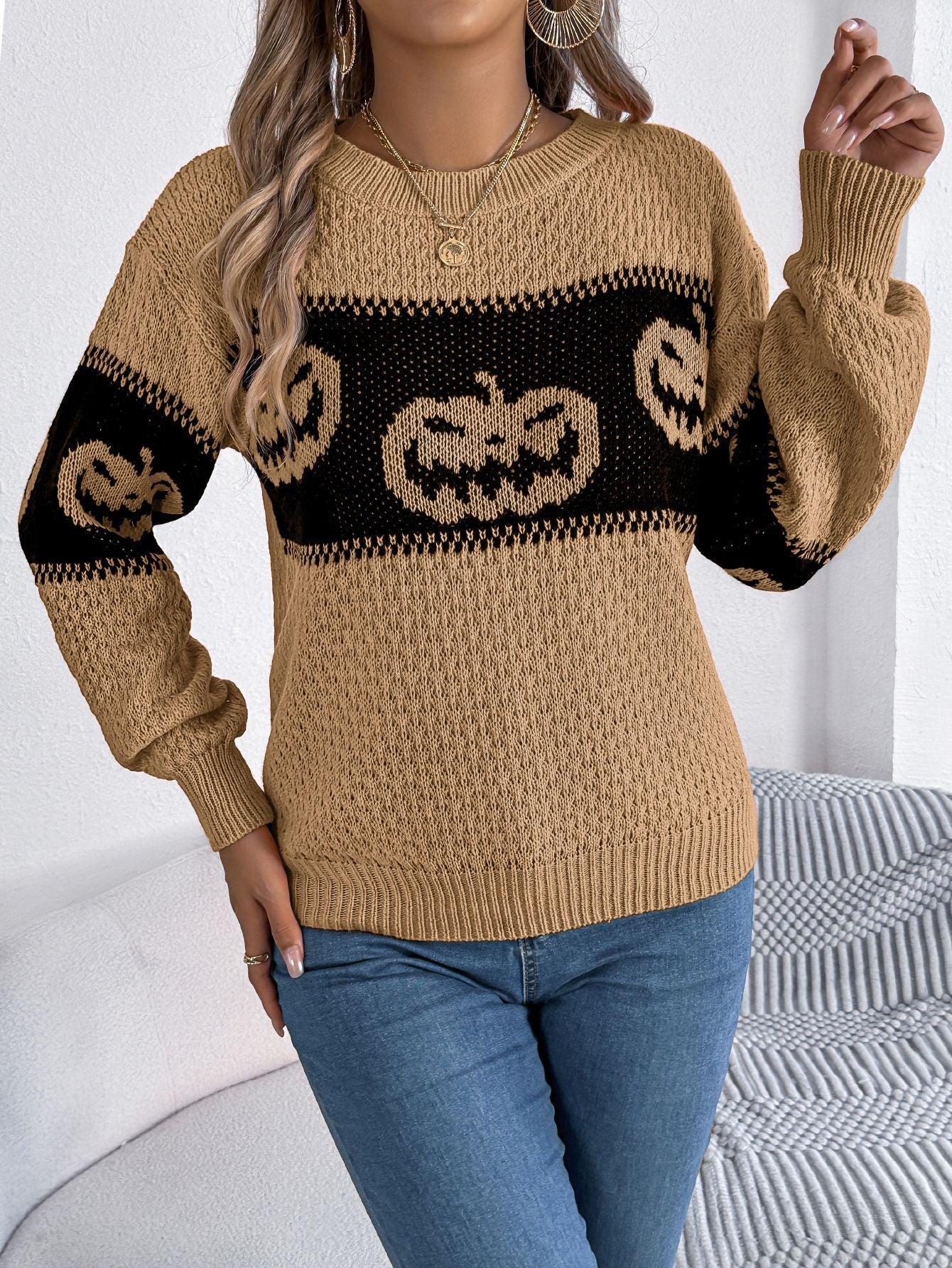 Halloween - Themed Pumpkin Head Knitted Long Sleeve Sweater. - TayDiane