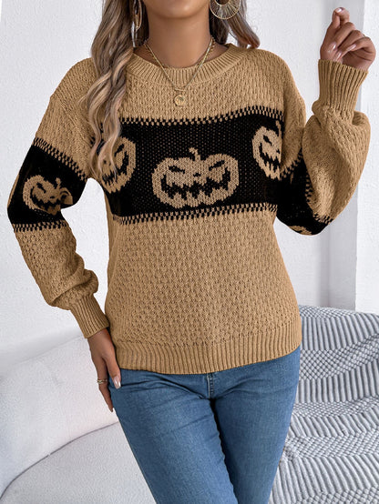 Halloween - Themed Pumpkin Head Knitted Long Sleeve Sweater. - TayDiane
