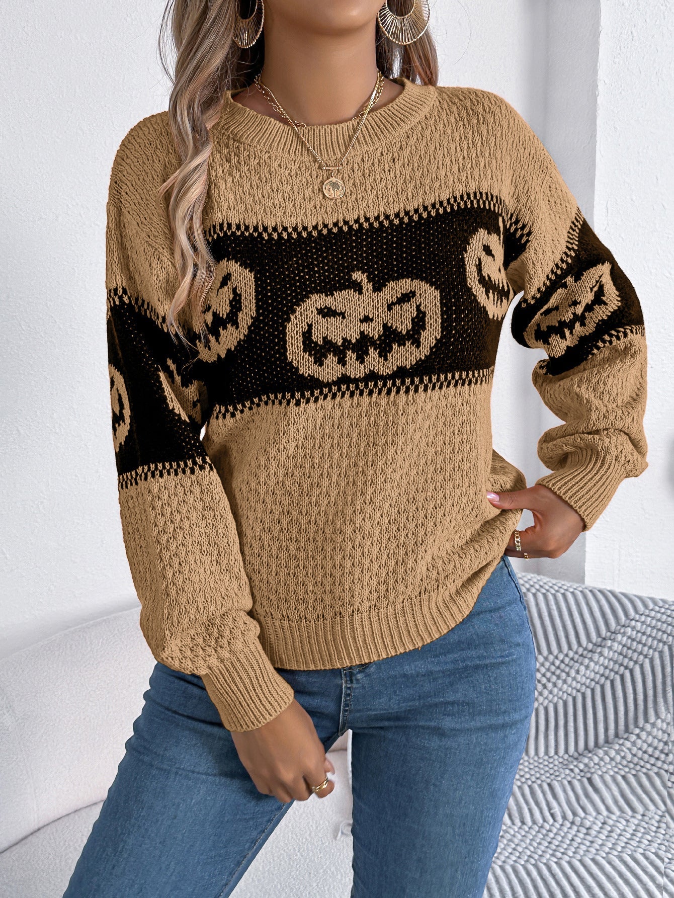 Halloween - Themed Pumpkin Head Knitted Long Sleeve Sweater. - TayDiane