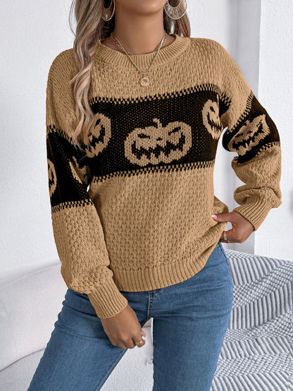 Halloween - Themed Pumpkin Head Knitted Long Sleeve Sweater. - TayDiane