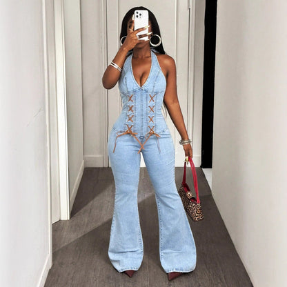 Halter Tight Waist Slim Medium Elastic Washing Denim Suspenders Pants - TayDiane