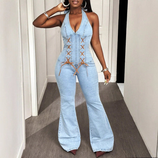 Halter Tight Waist Slim Medium Elastic Washing Denim Suspenders Pants - TayDiane