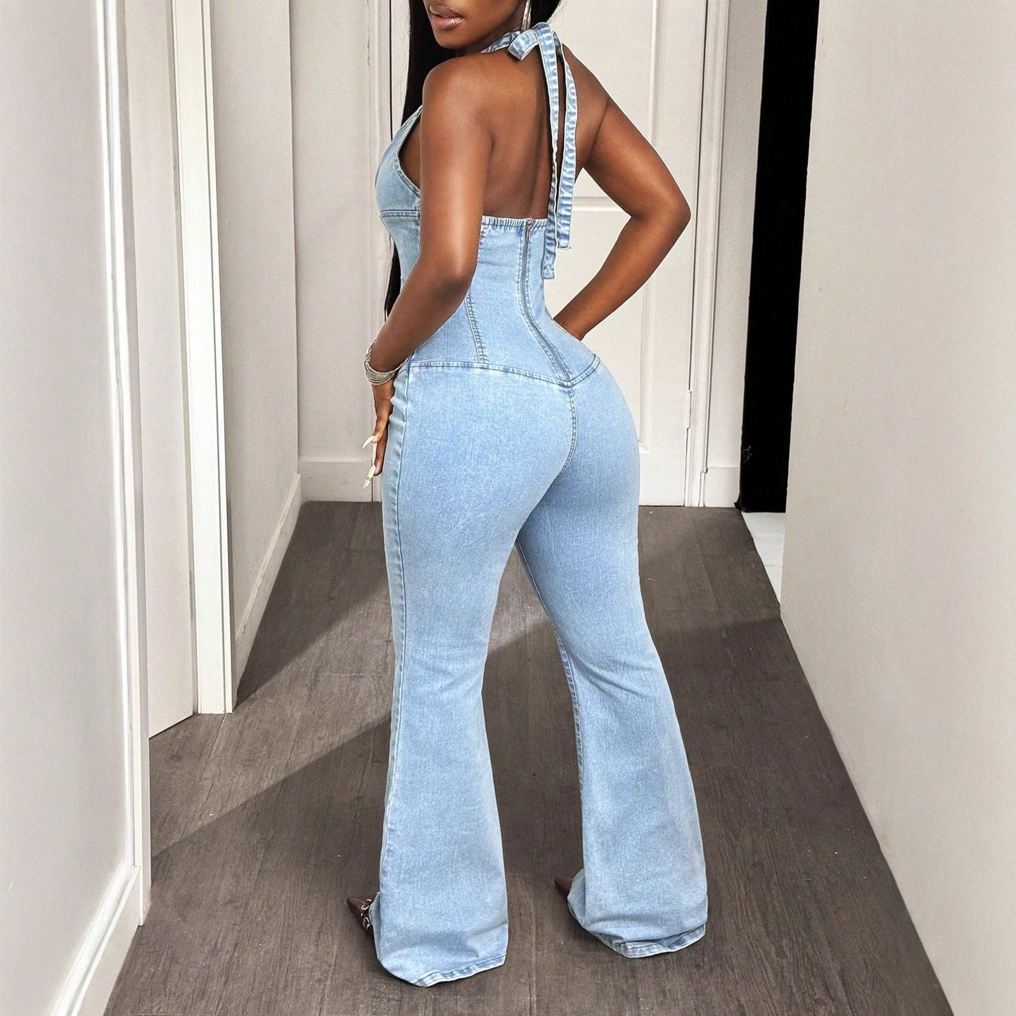 Halter Tight Waist Slim Medium Elastic Washing Denim Suspenders Pants - TayDiane