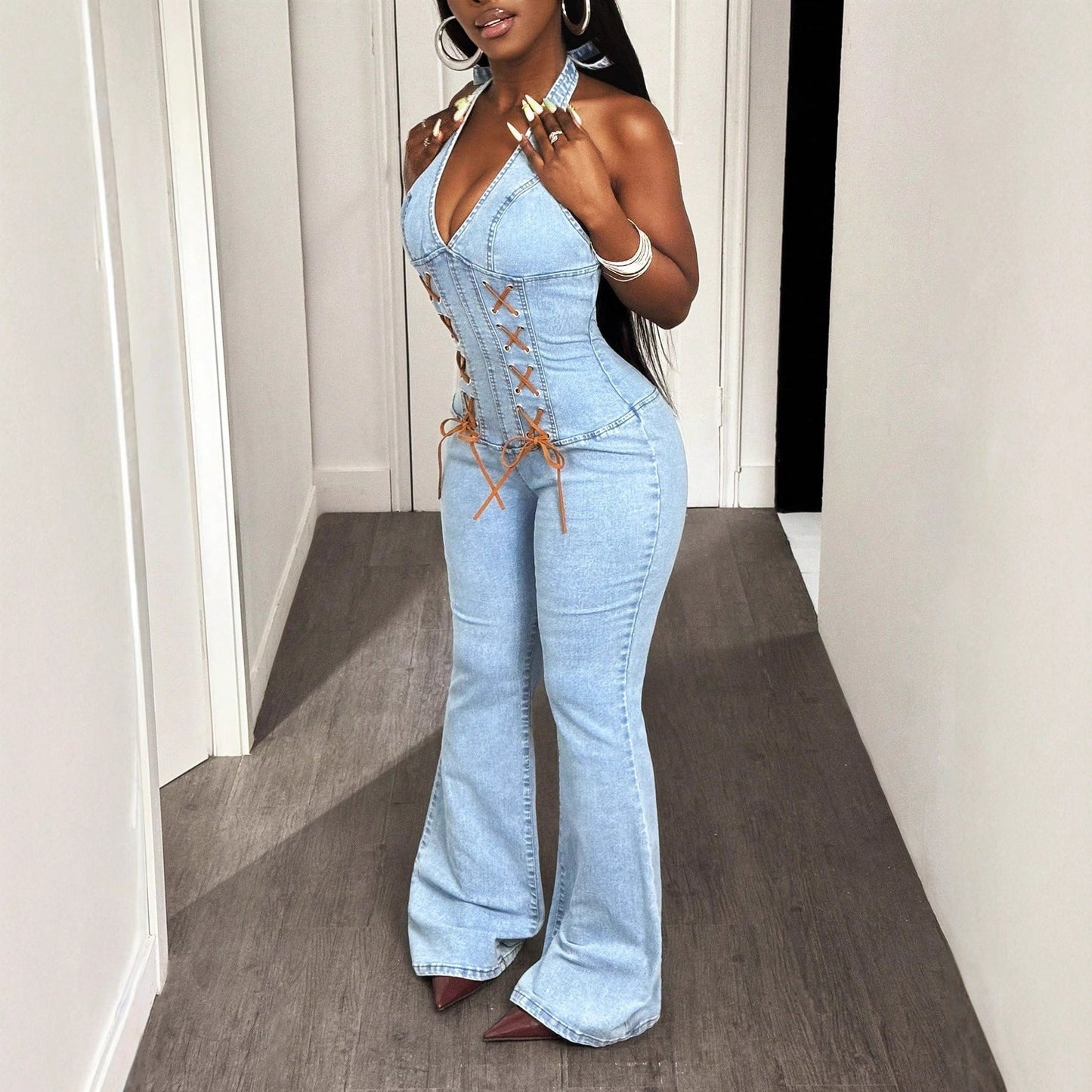 Halter Tight Waist Slim Medium Elastic Washing Denim Suspenders Pants - TayDiane