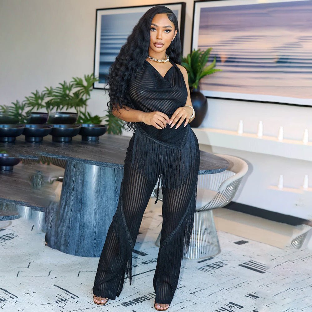 Halter Top & Slim Fitting Loose Fringe Pants - TayDiane