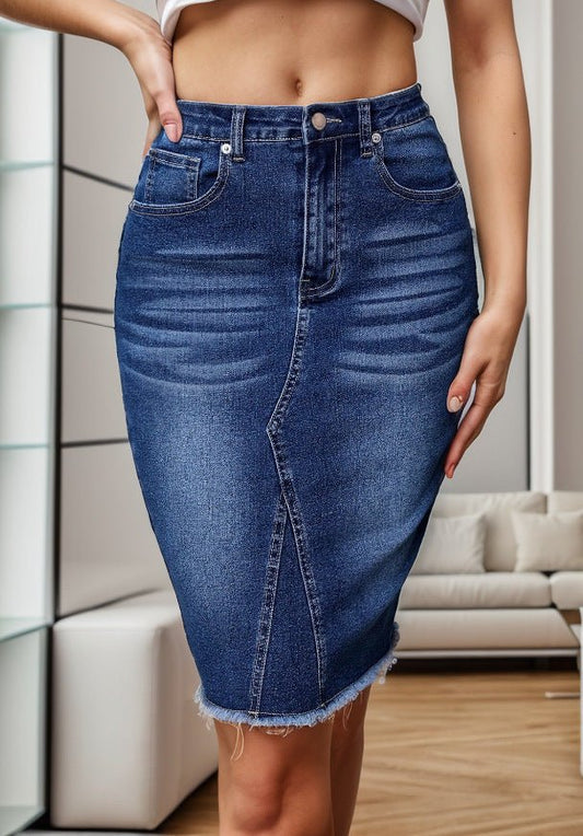 High Rise Raw Hem Denim Skirt - TayDiane