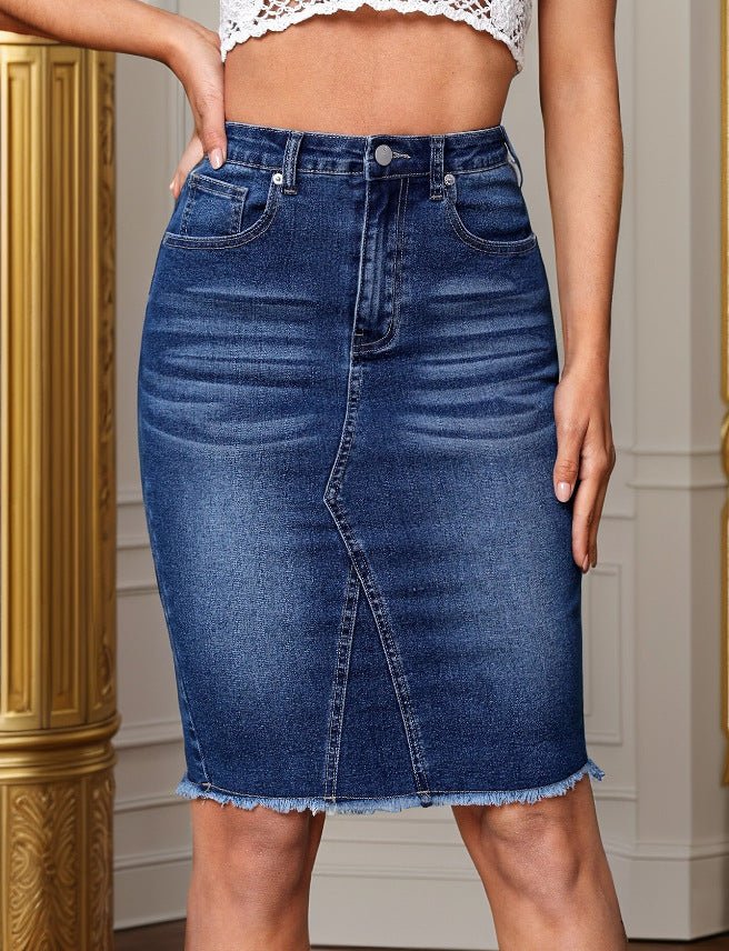 High Rise Raw Hem Denim Skirt - TayDiane