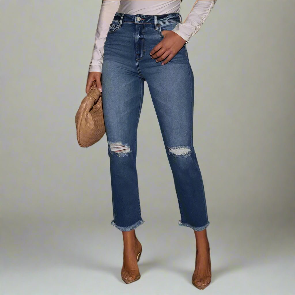 High - Rise Ripped and Frayed Ankle Jeans - TayDiane