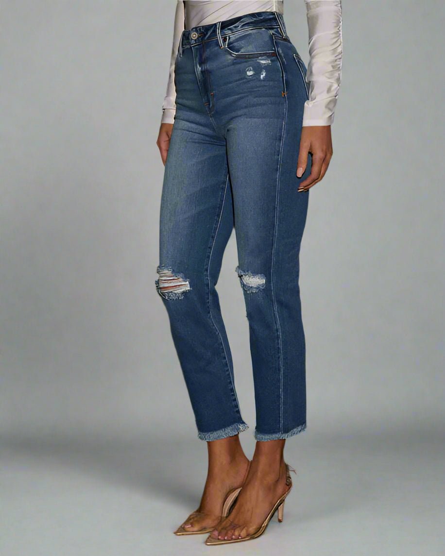 High - Rise Ripped and Frayed Ankle Jeans - TayDiane