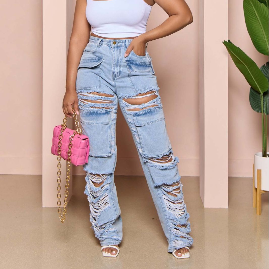 High Rise Ripped Straight Leg Jeans - TayDiane