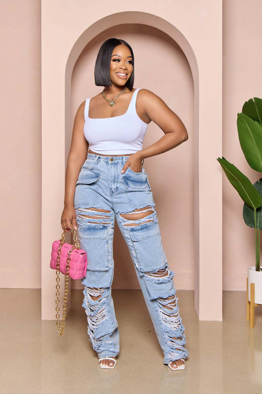 High Rise Ripped Straight Leg Jeans - TayDiane