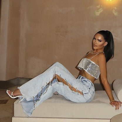 High Waist Straight Loose Jeans for Women Summer Diamond Stitching Side Hollow Out Cutout out Wide Leg Mop Pants Trousers for Women - Taydiane