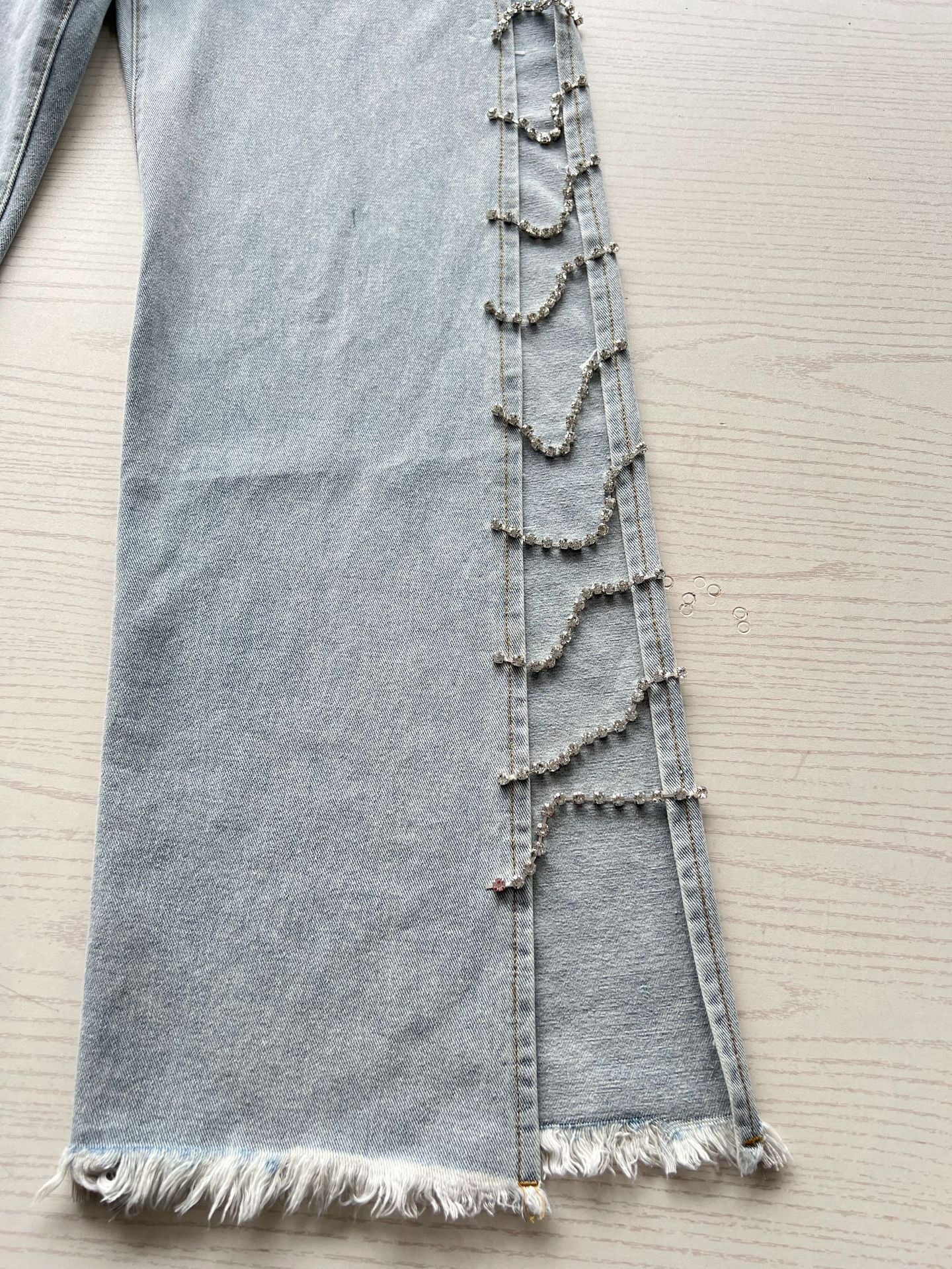 High Waist Straight Loose Jeans for Women Summer Diamond Stitching Side Hollow Out Cutout out Wide Leg Mop Pants Trousers for Women - Taydiane