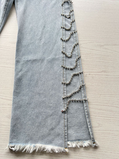 High Waist Straight Loose Jeans for Women Summer Diamond Stitching Side Hollow Out Cutout out Wide Leg Mop Pants Trousers for Women - Taydiane