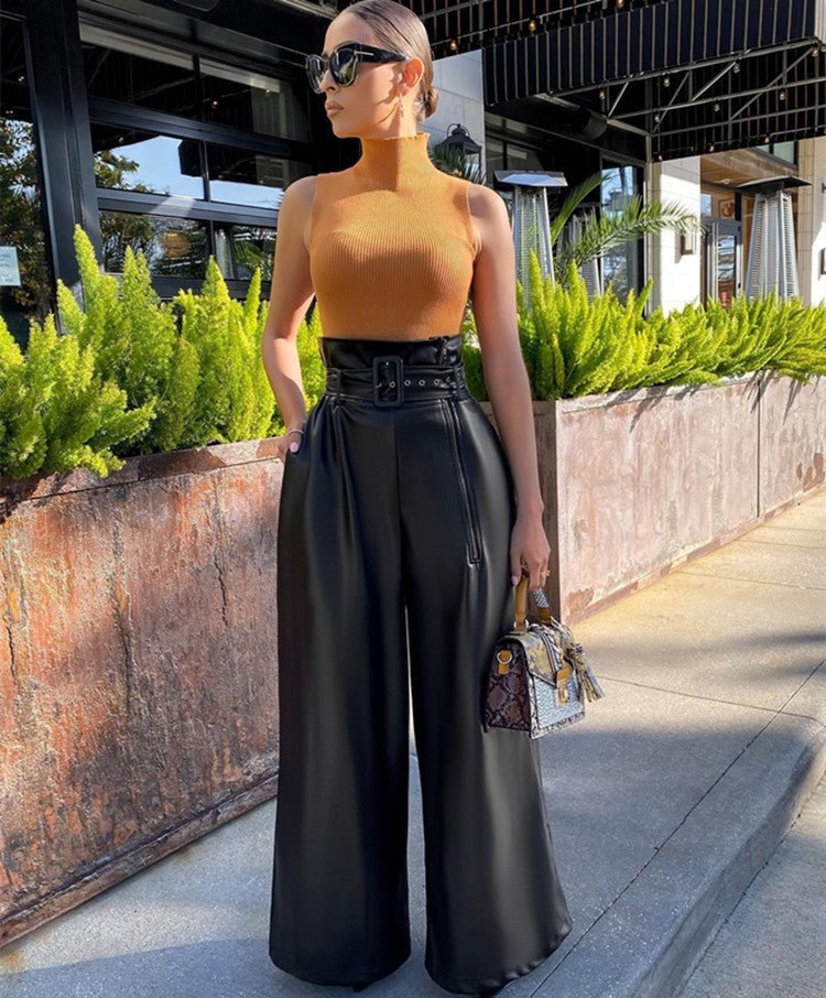 High - Waisted Faux Leather Pants with a Metal Belt and Wide Legs - TayDiane