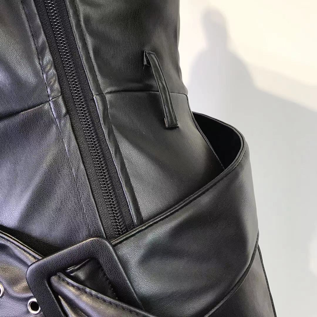 High - Waisted Faux Leather Pants with a Metal Belt and Wide Legs - TayDiane