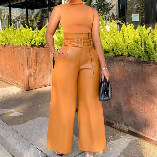 High - Waisted Faux Leather Pants with a Metal Belt and Wide Legs - TayDiane