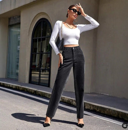 High - Waisted Slimming Straight Leg Denim Jeans - TayDiane