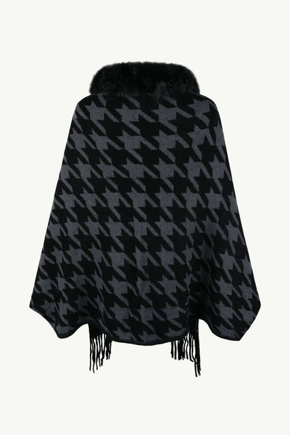 Houndstooth Fringe Hem Poncho - TayDiane