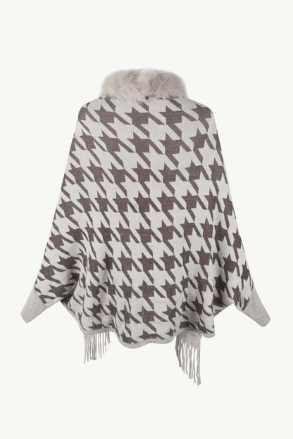 Houndstooth Fringe Hem Poncho - TayDiane