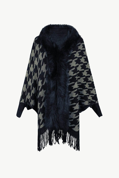 Houndstooth Fringe Hem Poncho - TayDiane