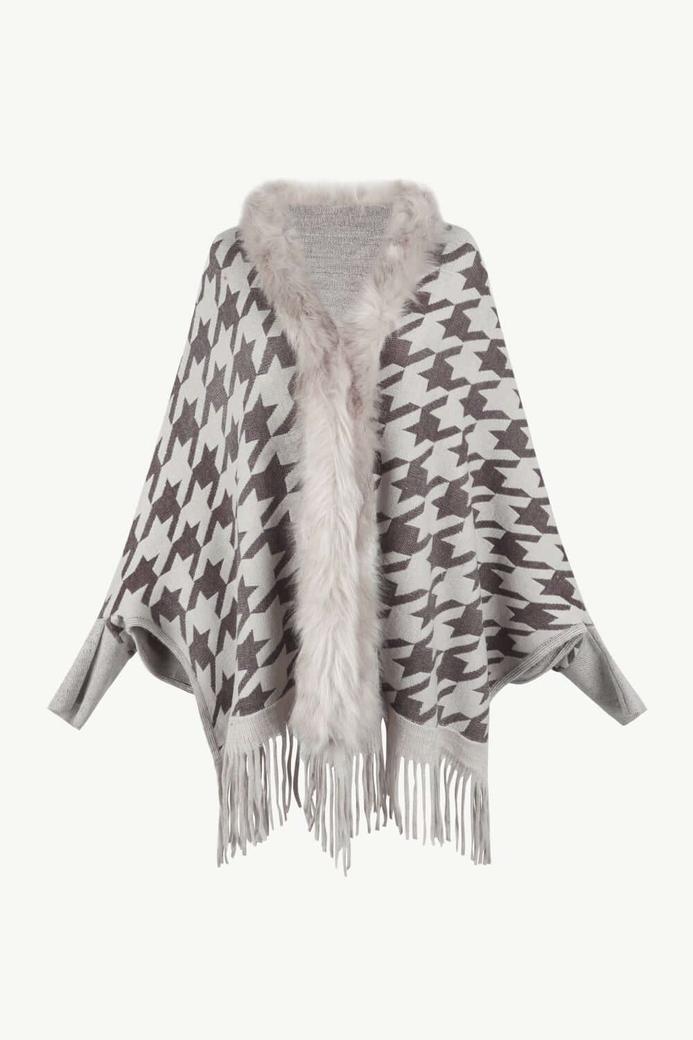 Houndstooth Fringe Hem Poncho - TayDiane