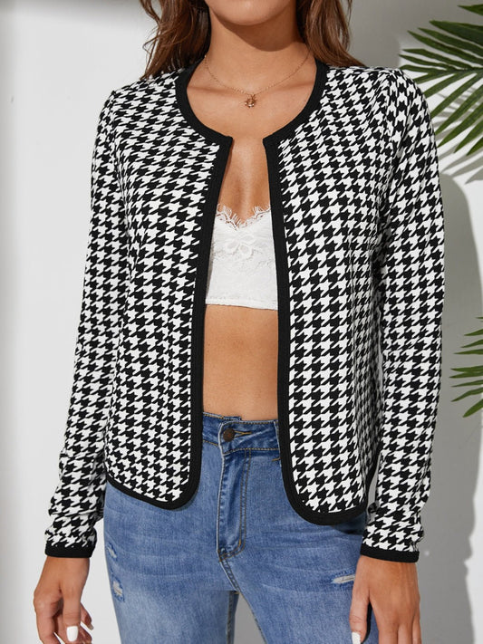 Houndstooth Open Front Long Sleeve Jacket - TayDiane