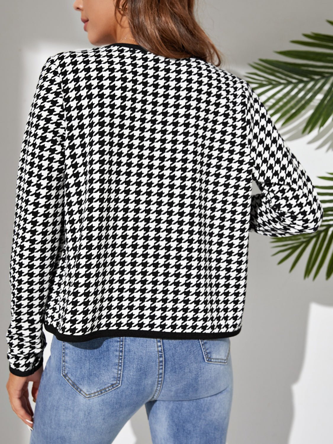 Houndstooth Open Front Long Sleeve Jacket - TayDiane