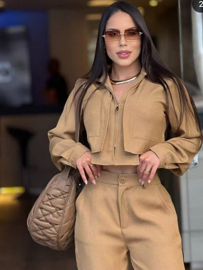 Khaki Cropped Zip Jacket & Wide - Leg Pant Set - TayDiane