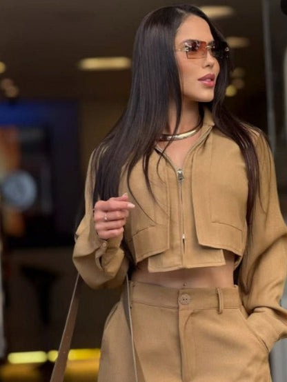 Khaki Cropped Zip Jacket & Wide - Leg Pant Set - TayDiane