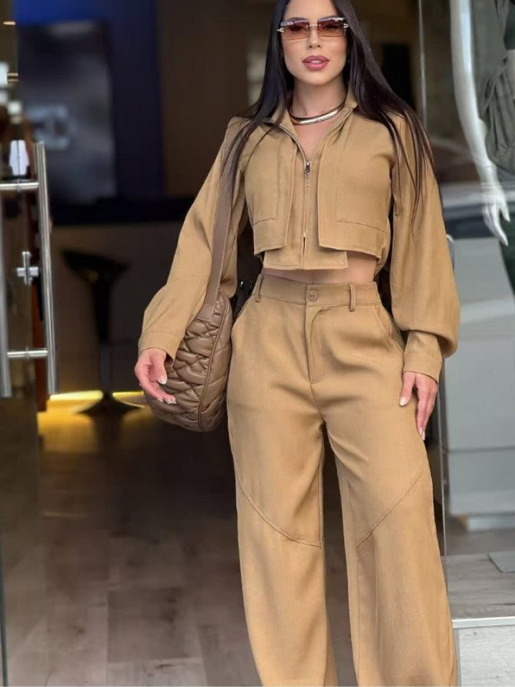 Khaki Cropped Zip Jacket & Wide - Leg Pant Set - TayDiane
