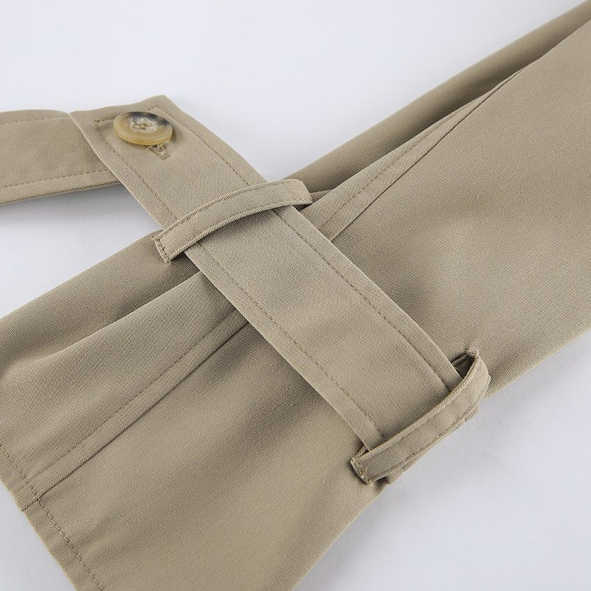 Khaki Double - Breasted Trench Coat with a Collar - TayDiane