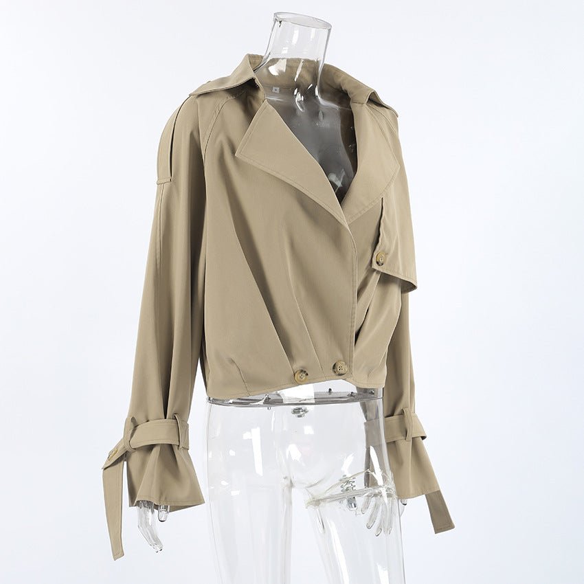 Khaki Double - Breasted Trench Coat with a Collar - TayDiane