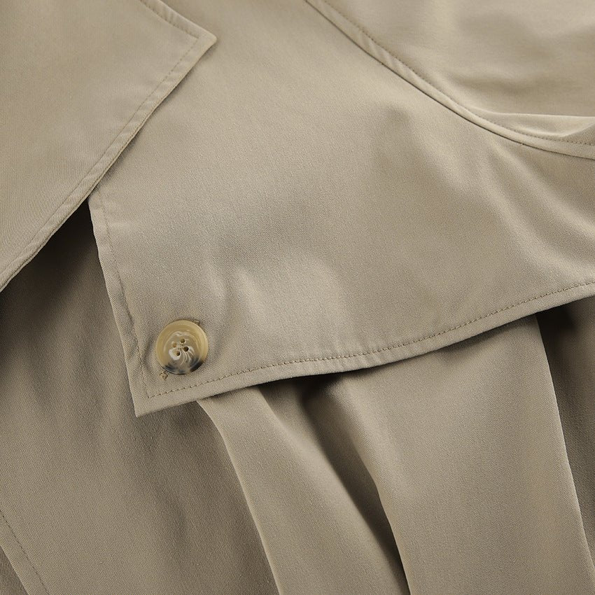 Khaki Double - Breasted Trench Coat with a Collar - TayDiane