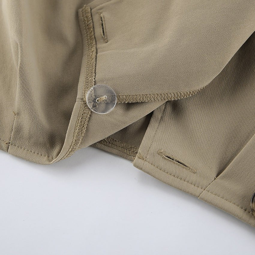 Khaki Double - Breasted Trench Coat with a Collar - TayDiane