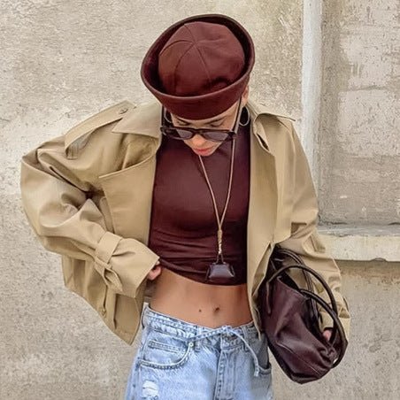 Khaki Double - Breasted Trench Coat with a Collar - TayDiane