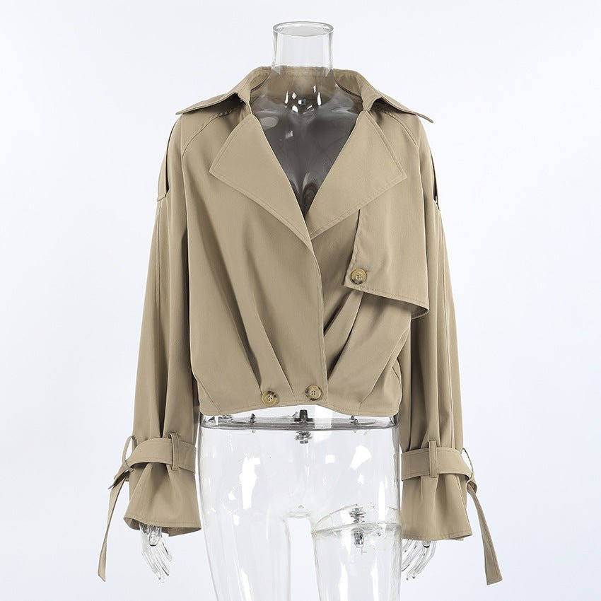 Khaki Double - Breasted Trench Coat with a Collar - TayDiane