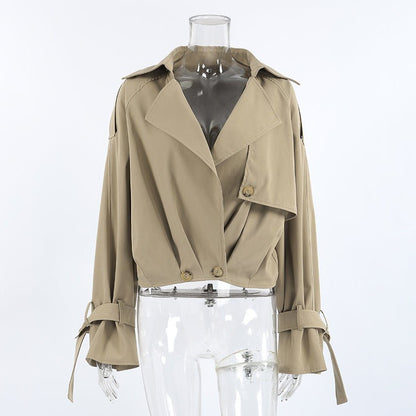 Khaki Double - Breasted Trench Coat with a Collar - TayDiane