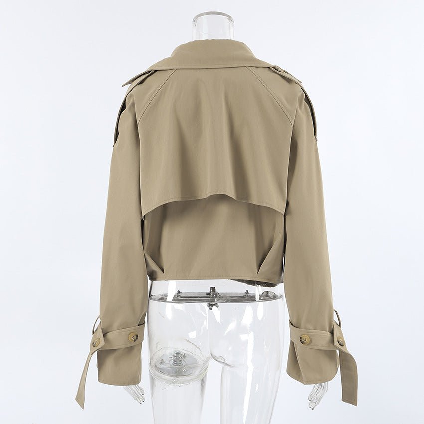 Khaki Double - Breasted Trench Coat with a Collar - TayDiane