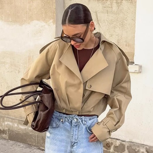 Khaki Double - Breasted Trench Coat with a Collar - TayDiane