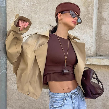 Khaki Double - Breasted Trench Coat with a Collar - TayDiane