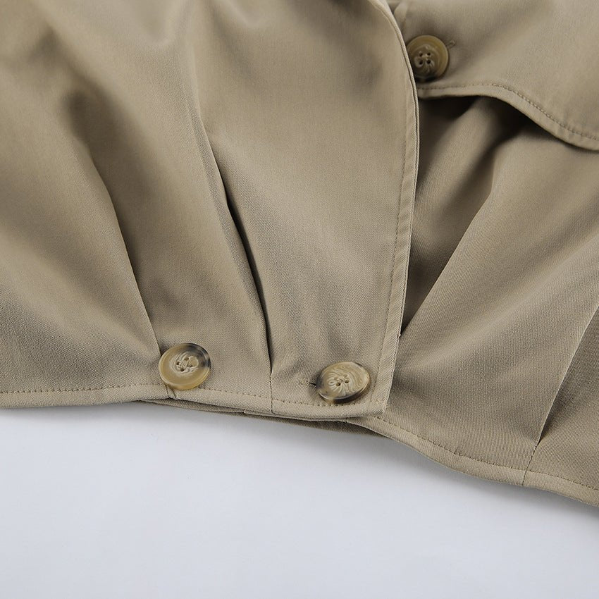 Khaki Double - Breasted Trench Coat with a Collar - TayDiane