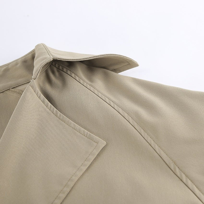 Khaki Double - Breasted Trench Coat with a Collar - TayDiane