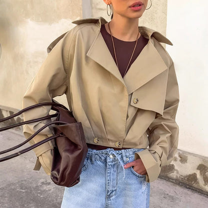 Khaki Double - Breasted Trench Coat with a Collar - TayDiane